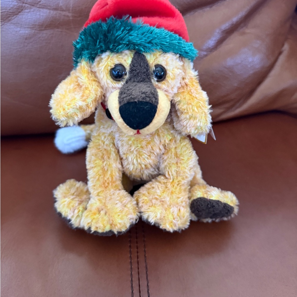Ty Beanie Baby Jinglepup Holiday Yellow Dog Plush Toy with Red Hat